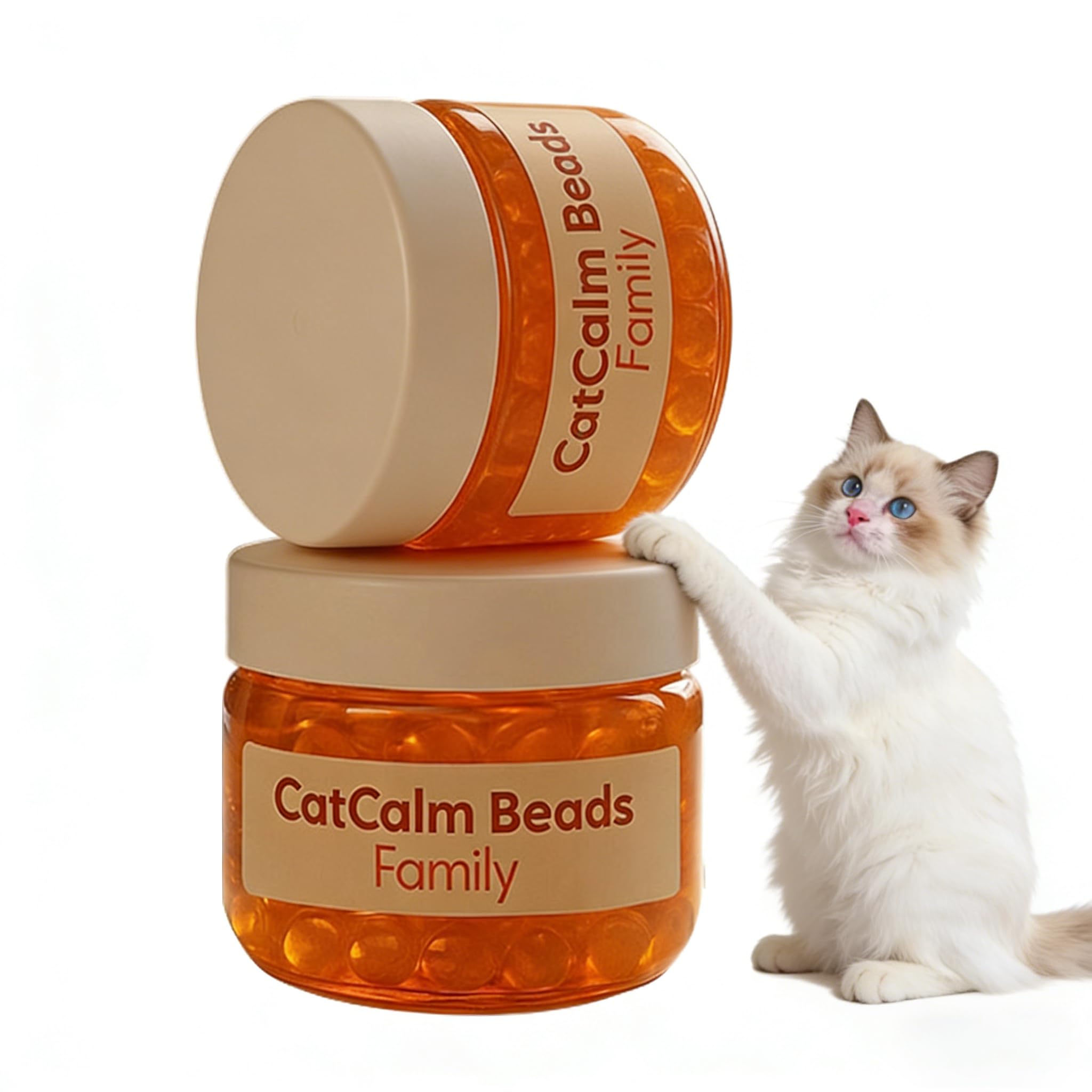 petlifebio Cat Calm Beads two-pack resting near a cat bed for a soothing ambiance