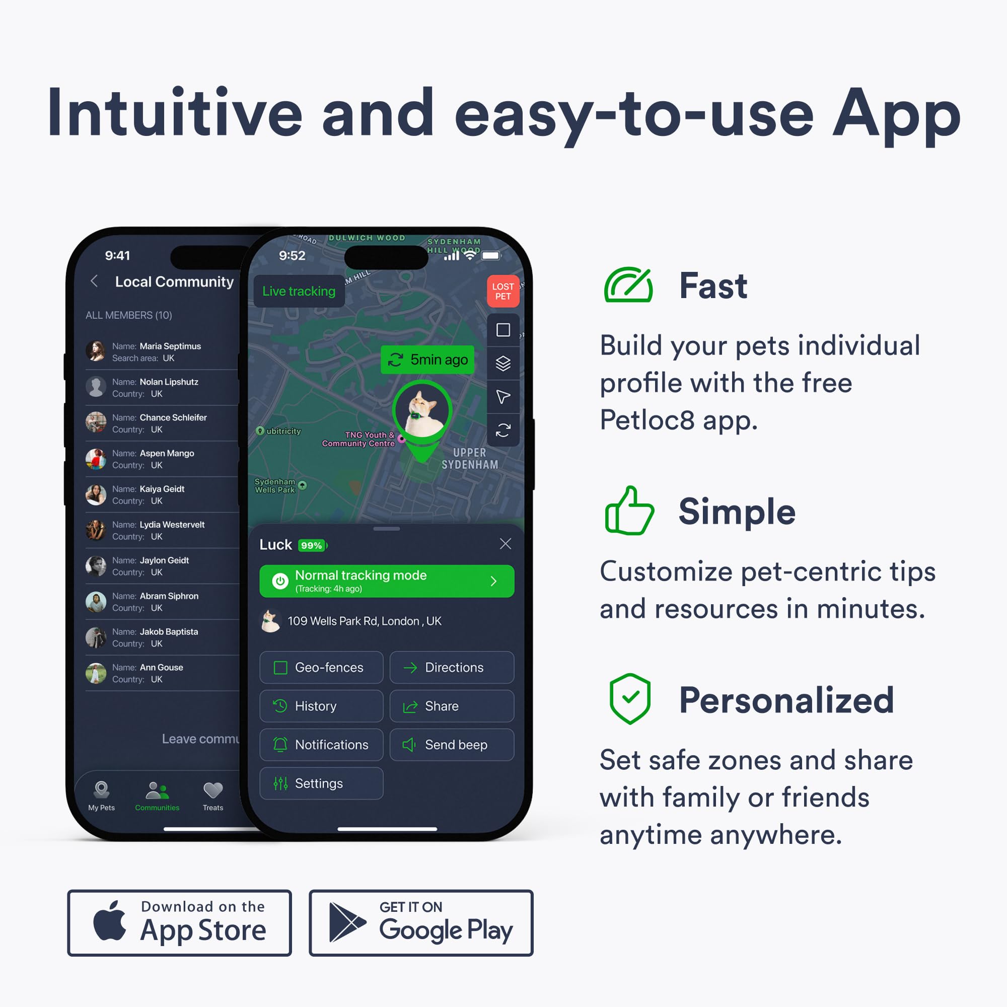 PETLOC8 lost-pet alert network notifies nearby users to aid recovery.