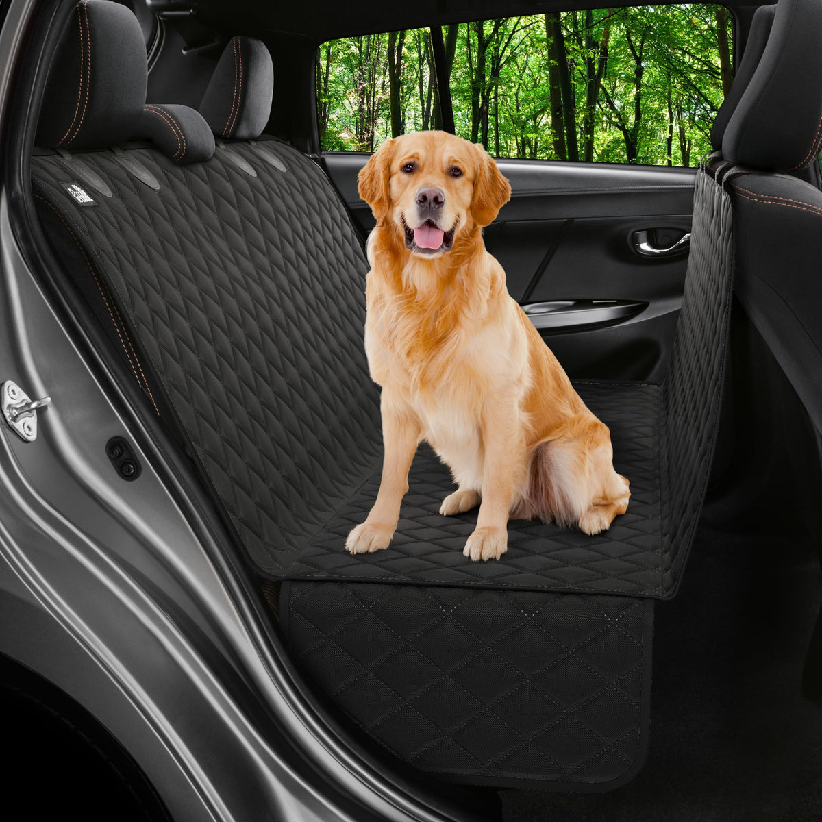 Petloox dog seat cover back seat hammock protects upholstery and supports dogs on long journeys.