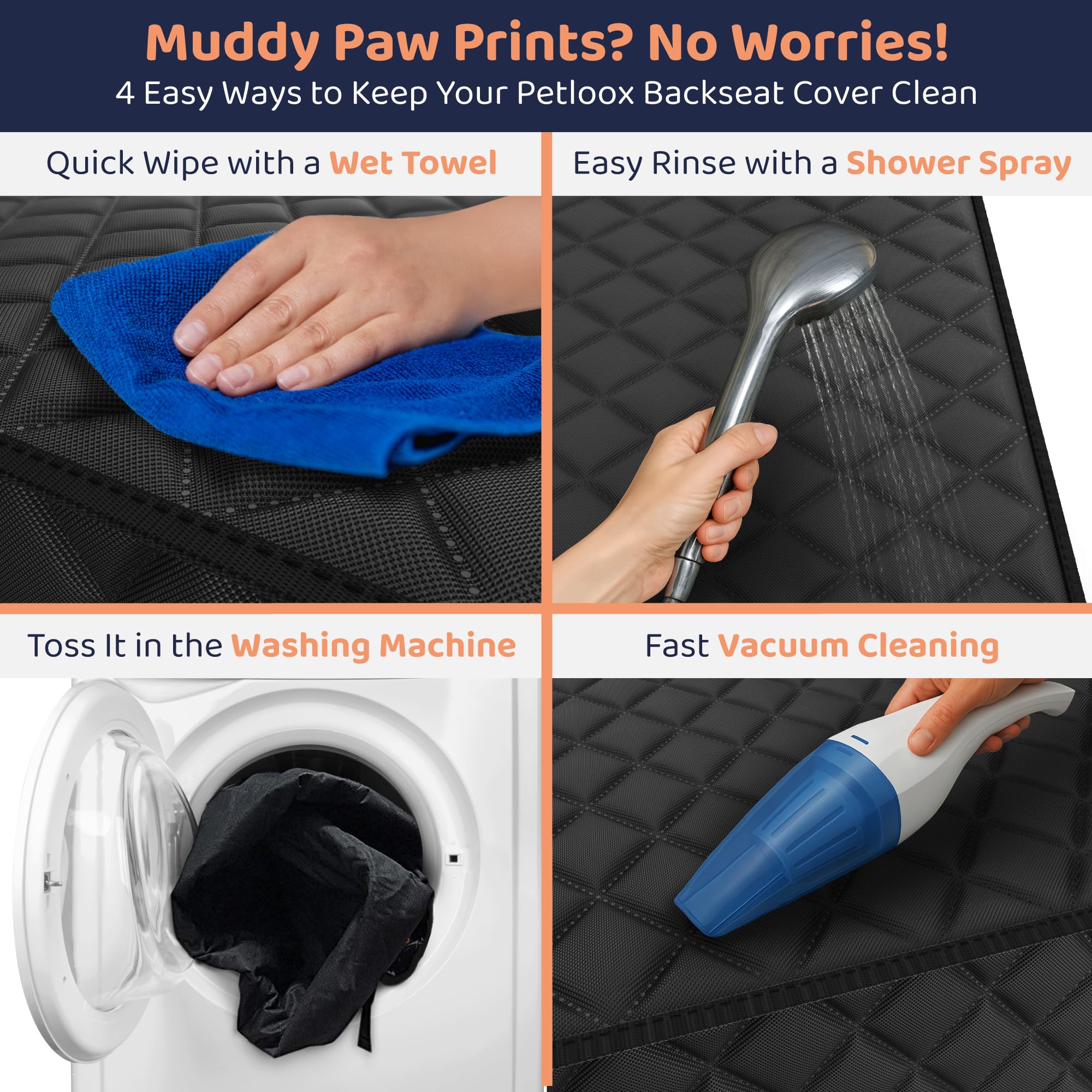 Petloox XL dog car seat cover built-in pockets for treats and toys.