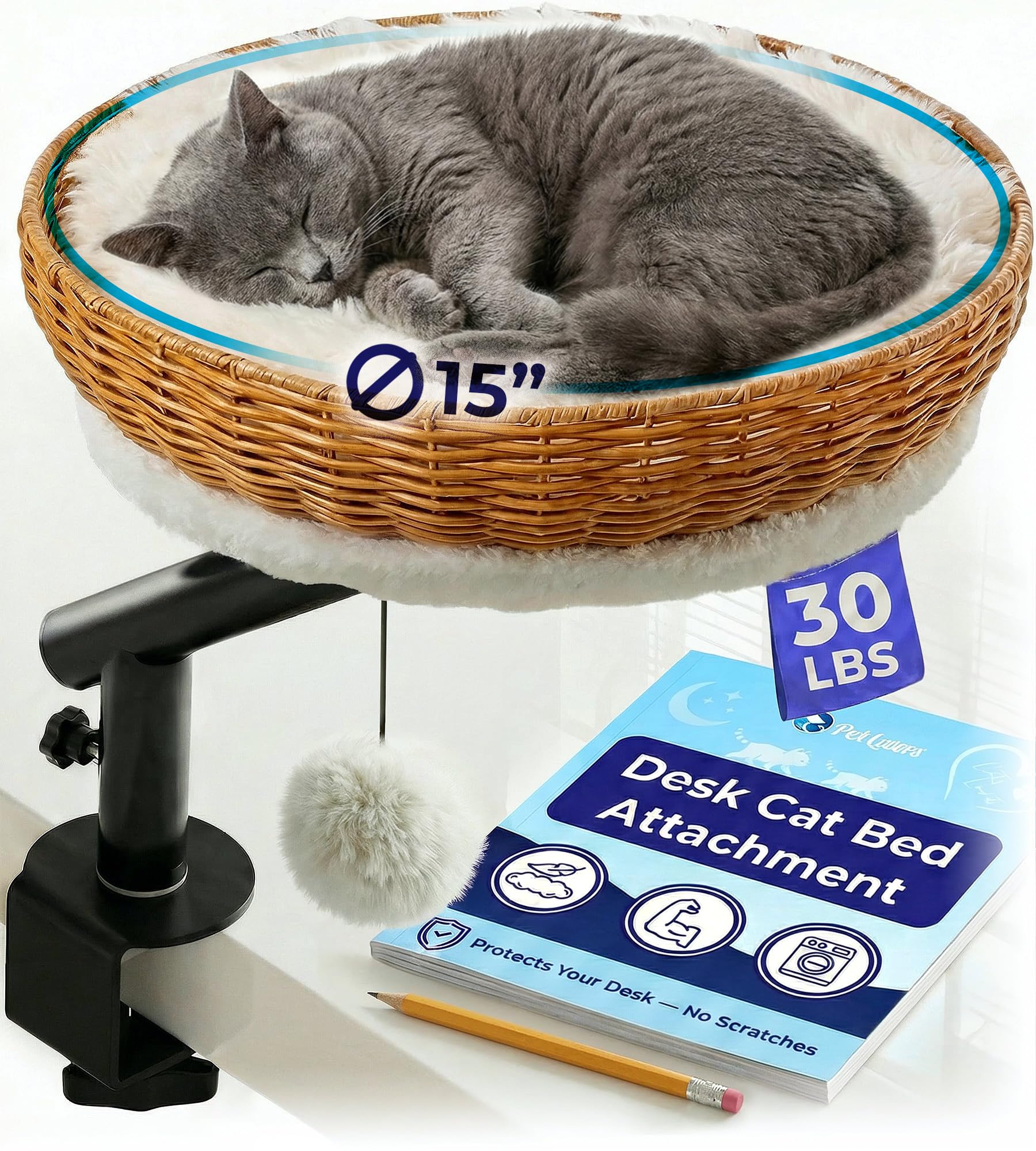 PetLovers cat desk bed with rattan basket keeps your cat close while you work or study