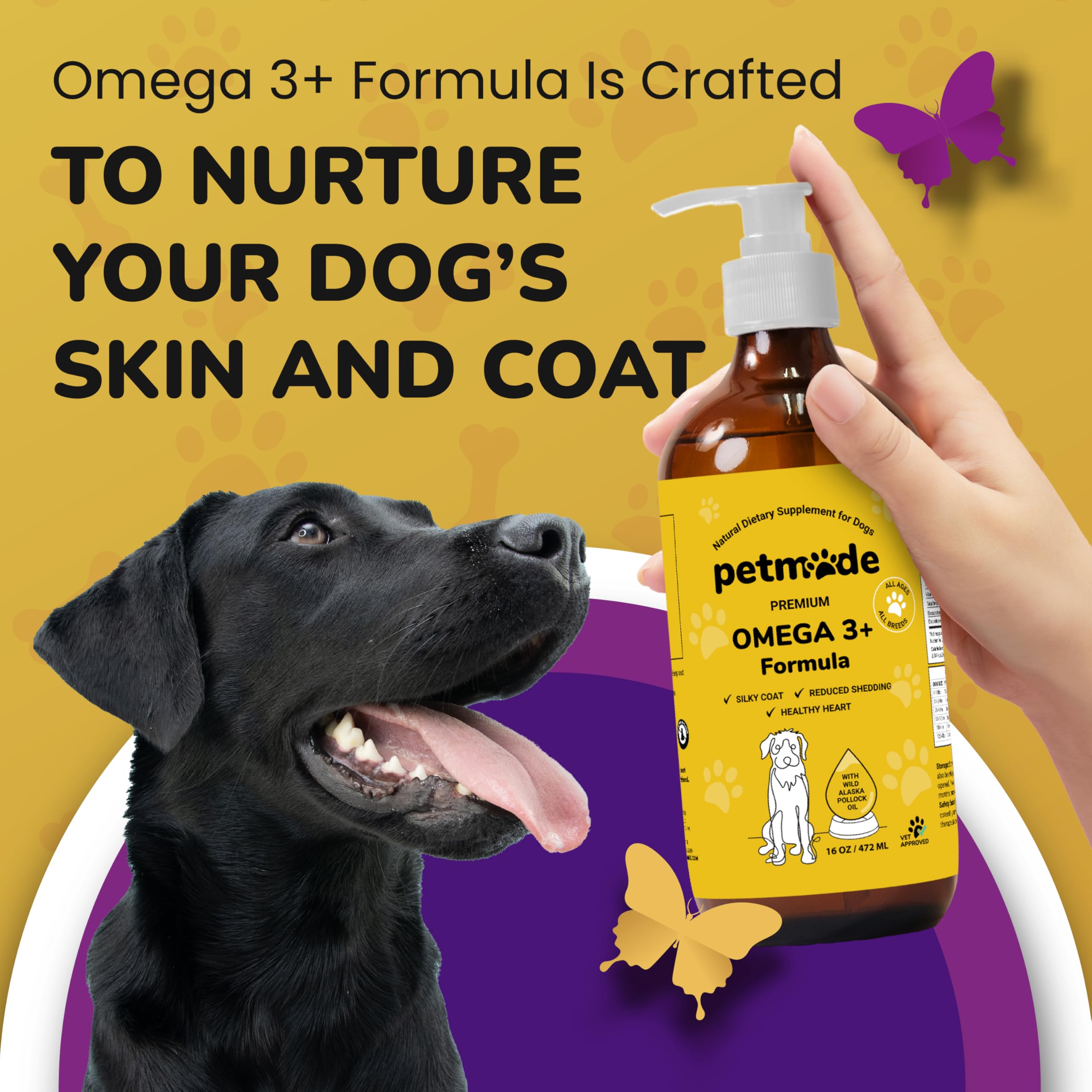 PetMade Omega 3 bottle illustration with vitamins indicating overall wellness
