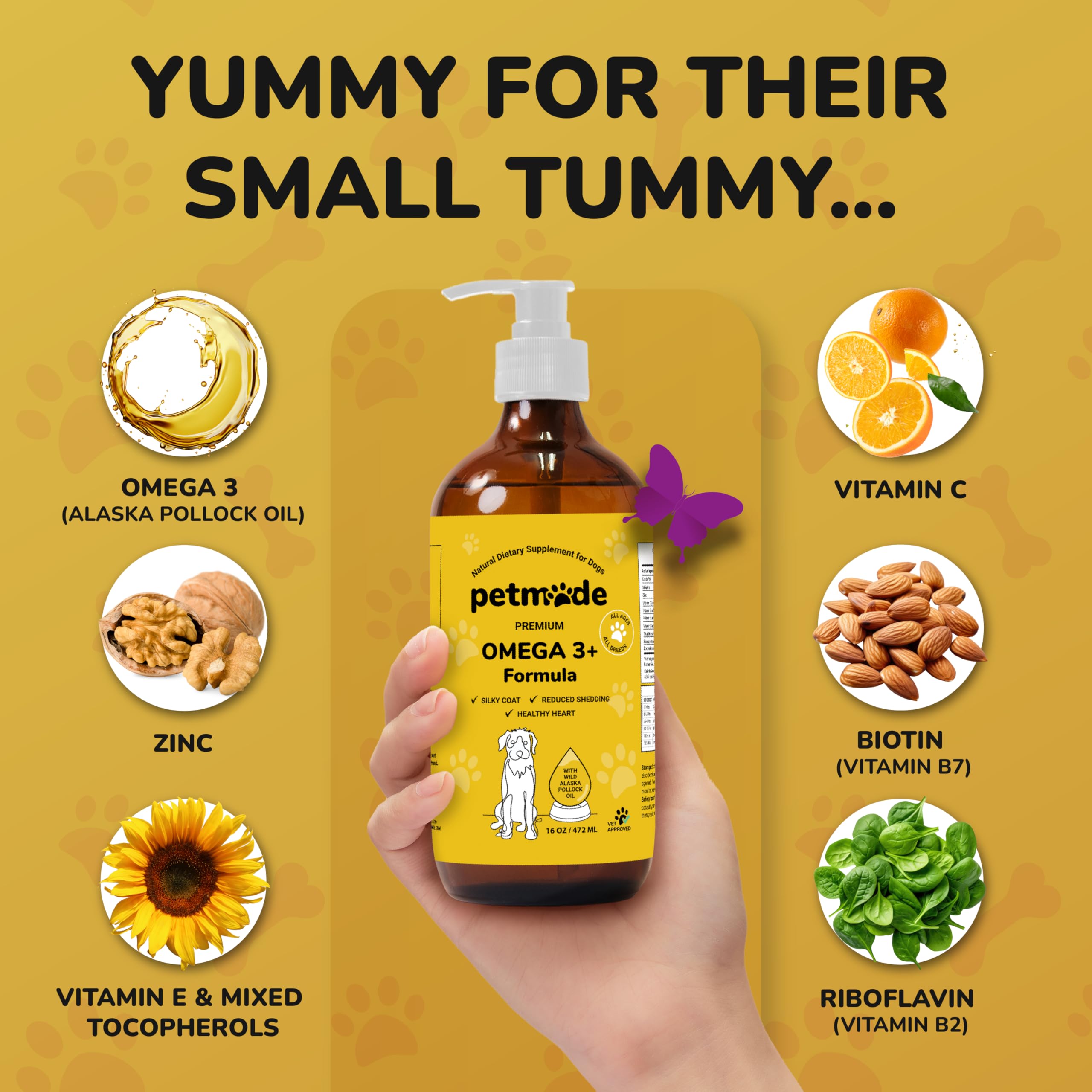 PetMade Omega 3 bottle highlighting added vitamins for canine health
