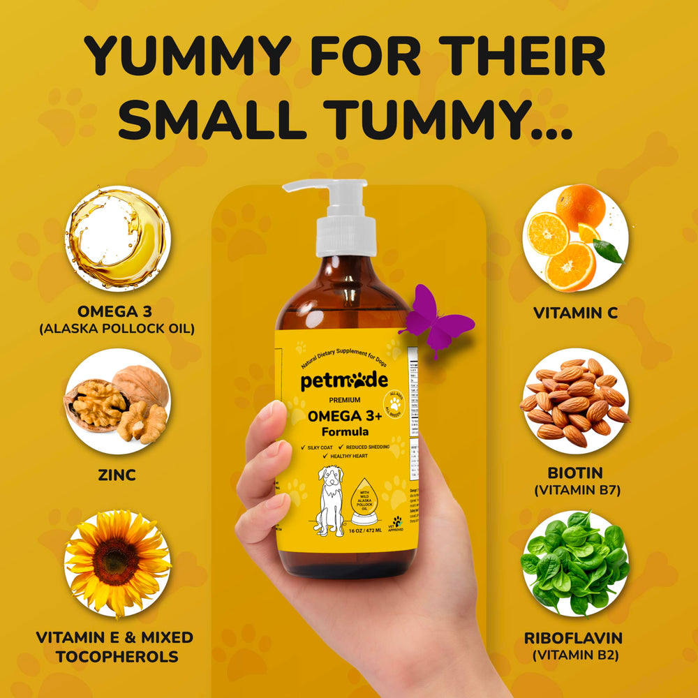 PetMade Omega 3 bottle highlighting added vitamins for canine health