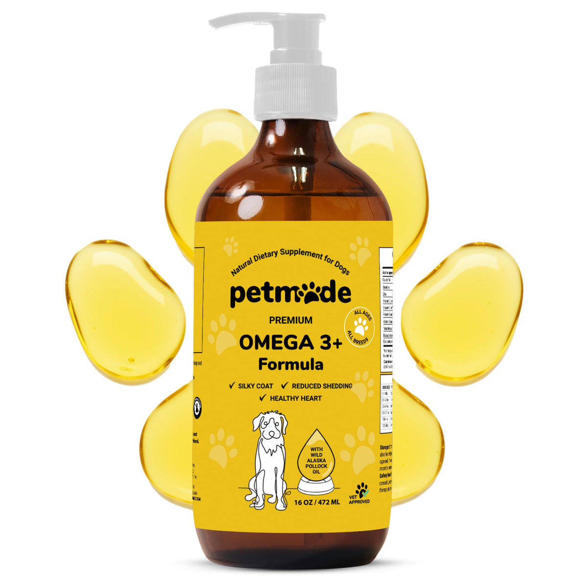PetMade Omega 3 for dogs bottle with wild pollock oil highlighting skin and coat support