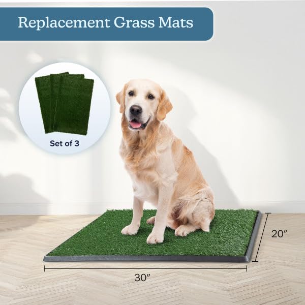PETMAKER artificial grass pad inside tray demonstrates easy indoor/outdoor versatility.