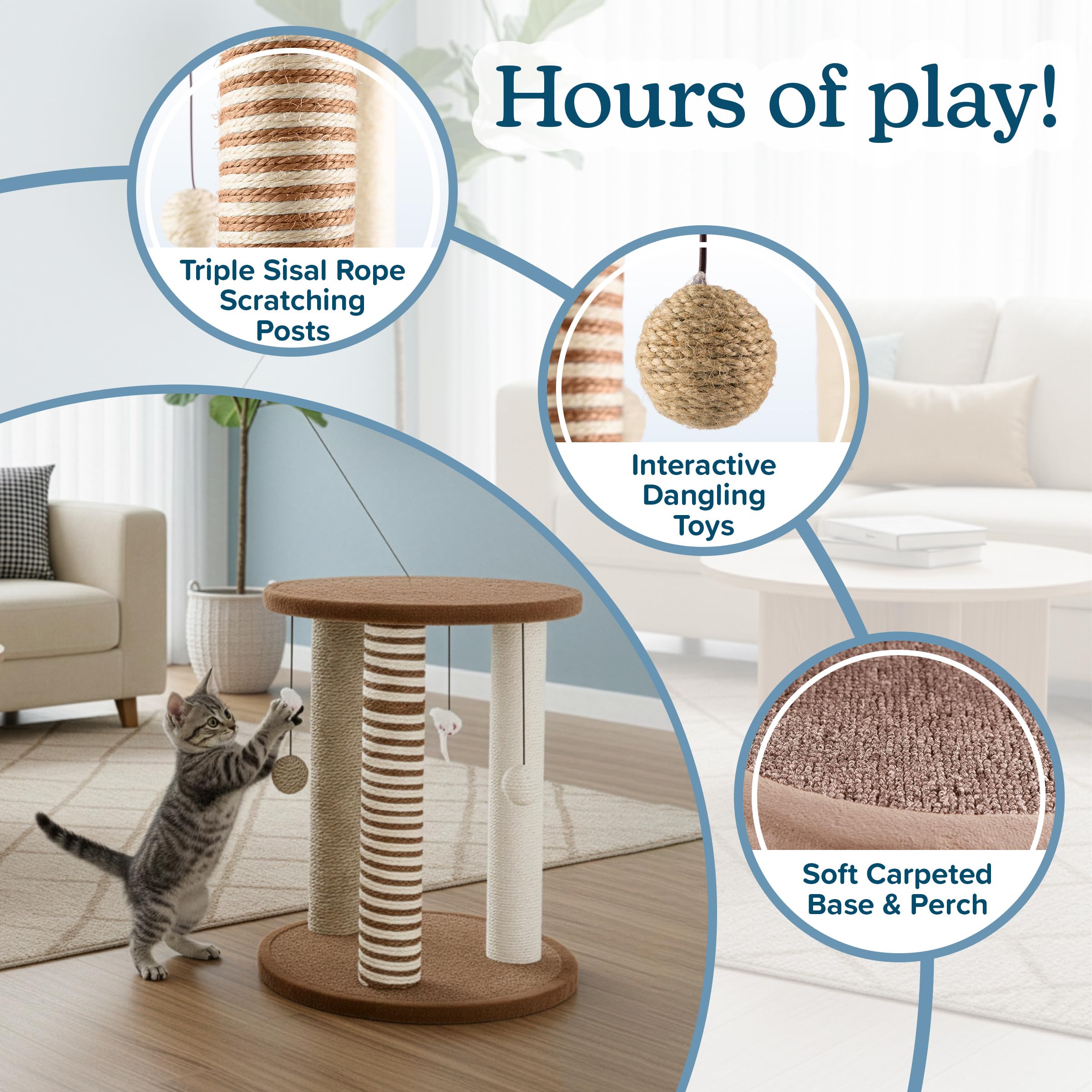 PETMAKER carpeted perch at top and bottom offers naps between play sessions.