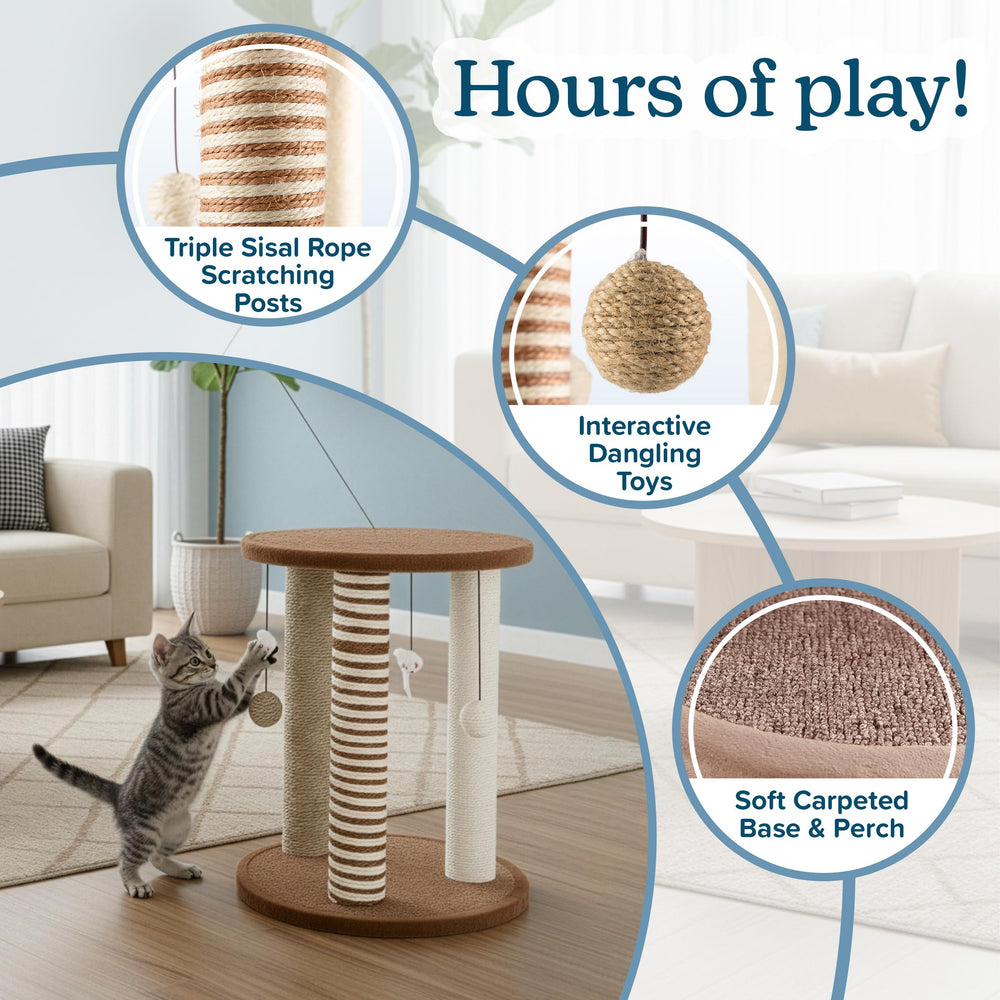 PETMAKER carpeted perch at top and bottom offers naps between play sessions.