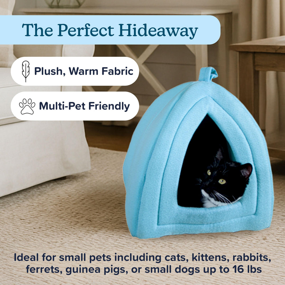 PETMAKER blue cat house with removable cushion for easy cleaning and warmth.