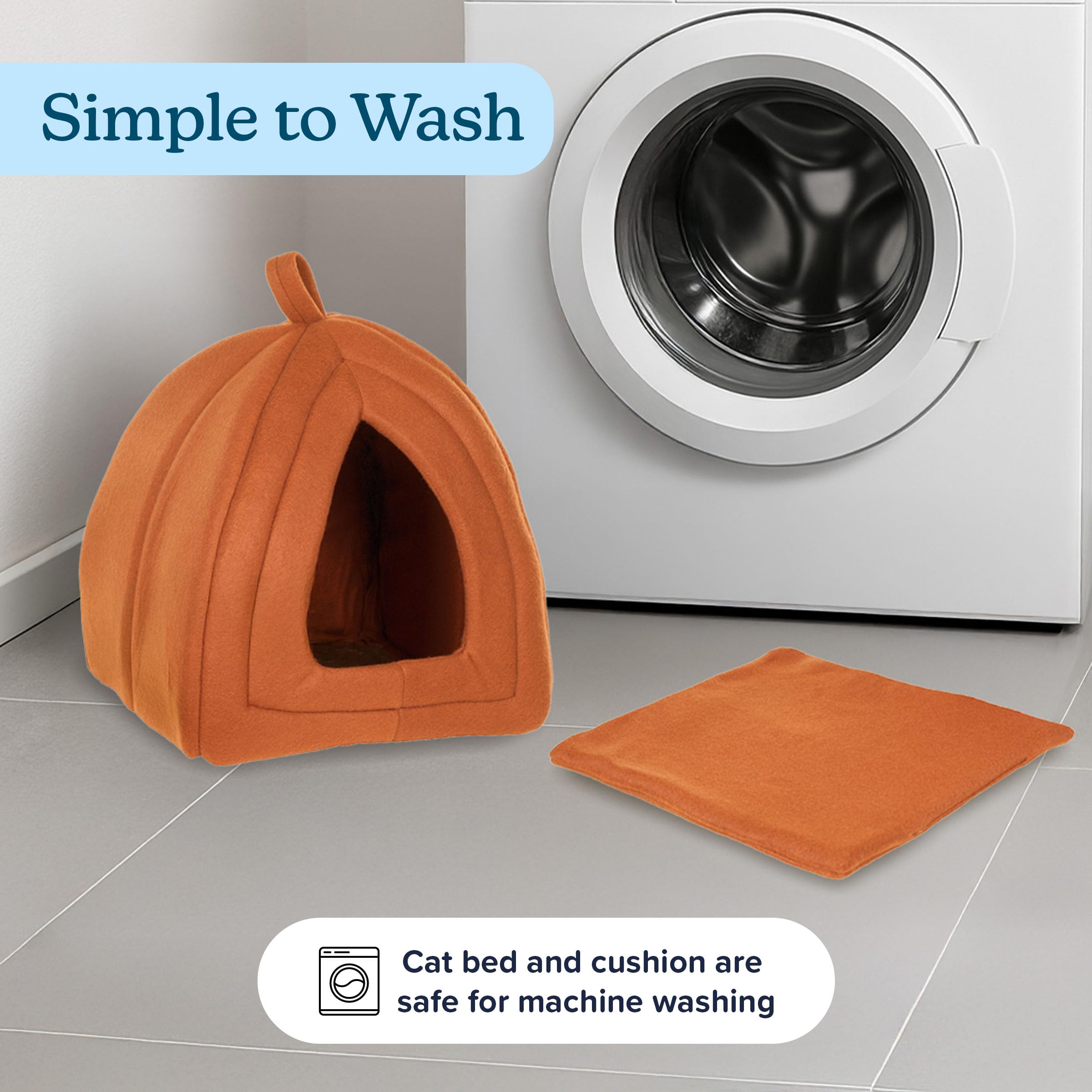 PETMAKER Cat House easy-clean cushion and cold-water wash option for upkeep.