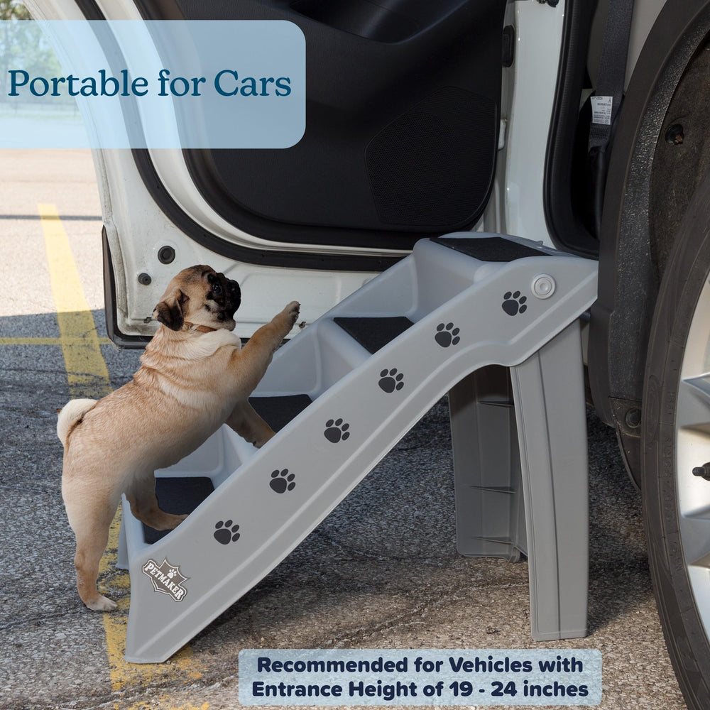 PETMAKER dog stairs four-step gray on bed support pets reaching favorite spots.