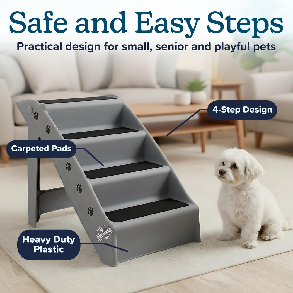 PETMAKER dog stairs four-step gray side view sturdy steps improve mobility for small pets.