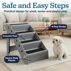 PETMAKER dog stairs four-step gray side view sturdy steps improve mobility for small pets.
