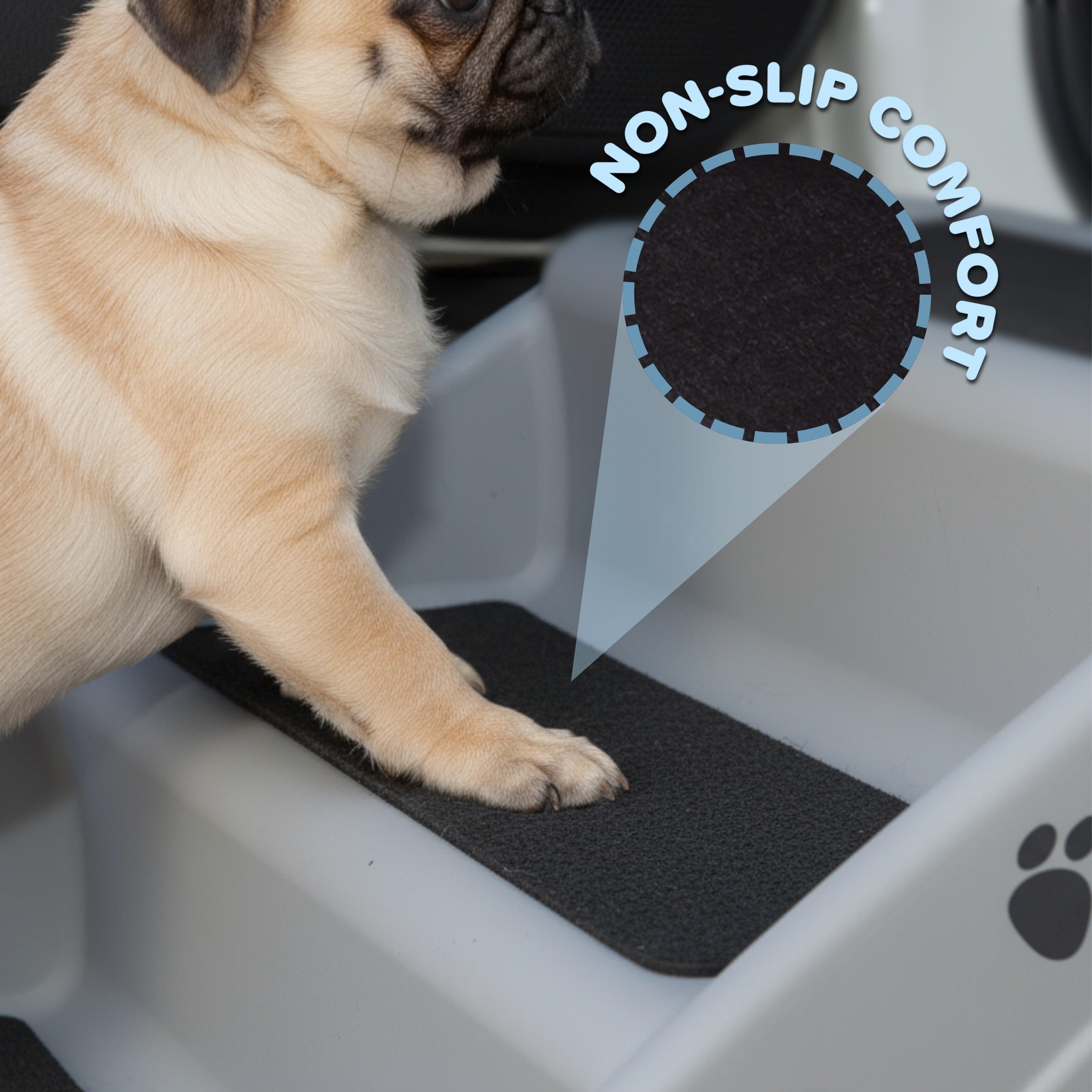 PETMAKER dog stairs four-step gray with pets near bed or couch for gentle elevation.