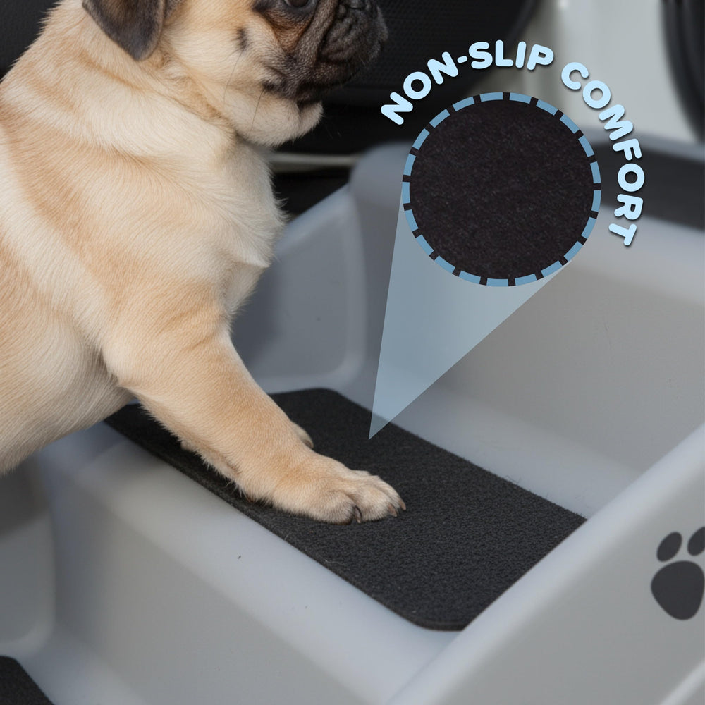 PETMAKER dog stairs four-step gray with pets near bed or couch for gentle elevation.