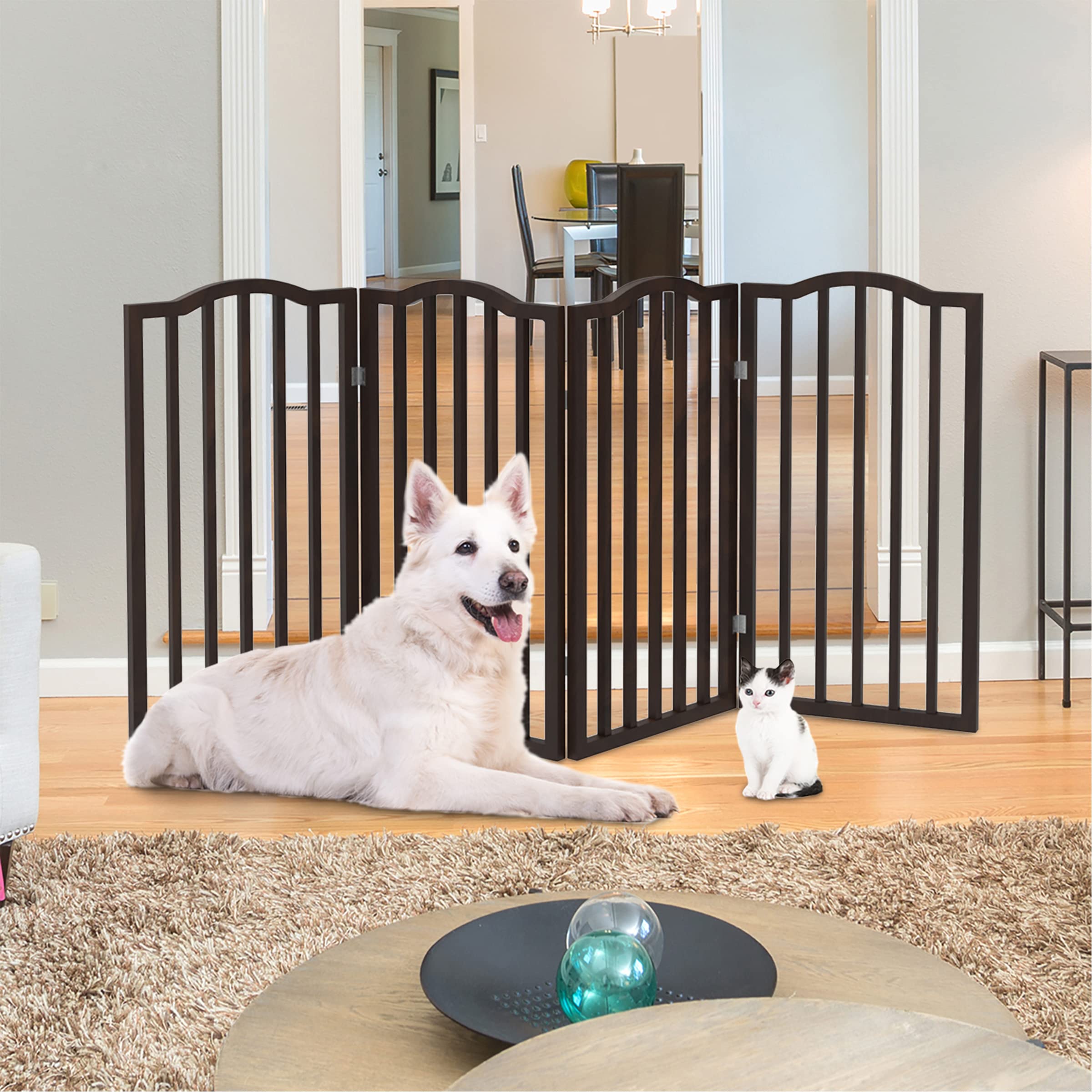 PETMAKER freestanding gate in wood and metal fits doorways and hallways without installation.