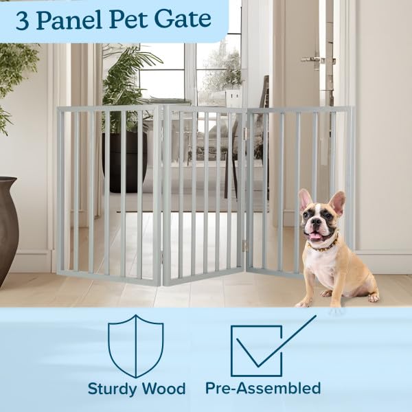 PETMAKER gray gate on stairs prevents access at top or bottom.