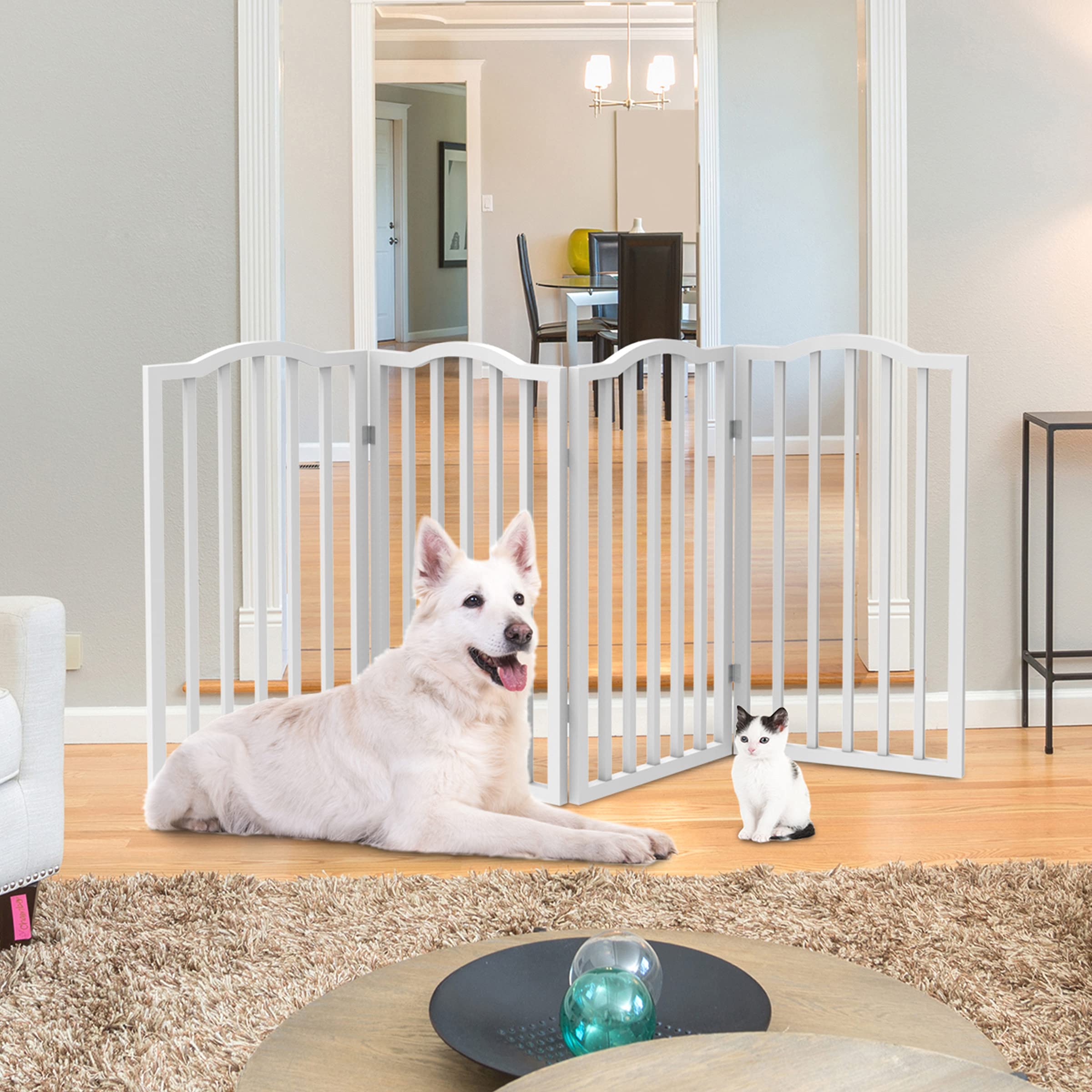 PETMAKER 4-panel gate open in doorway, showing barrier across entry for calm pet control.