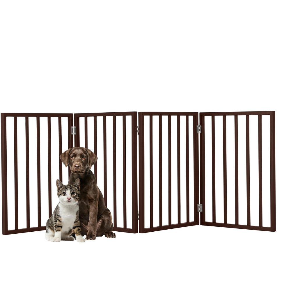 PETMAKER 73-inch accordion pet gate in brown blocks stairs safely.