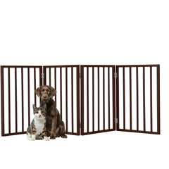PETMAKER 73-inch accordion pet gate in brown blocks stairs safely.