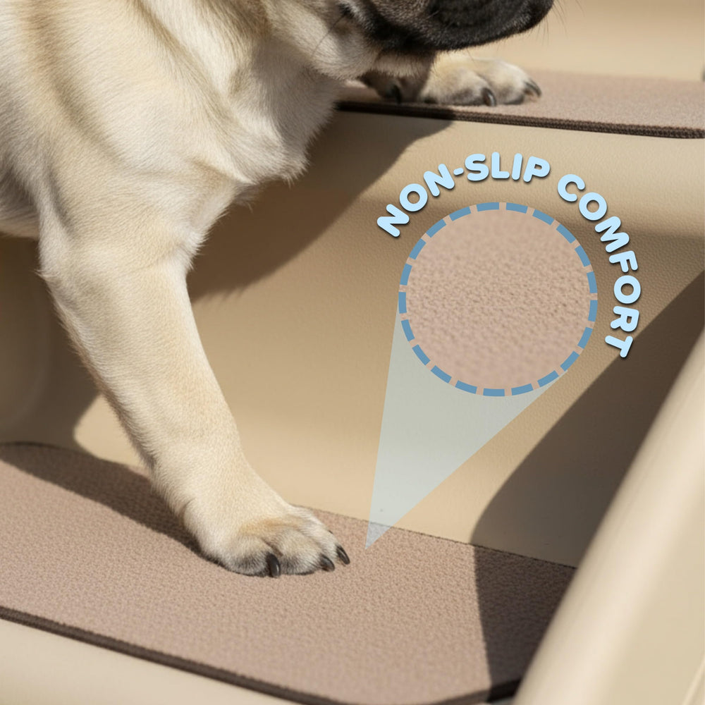 Durable plastic construction of PETMAKER Pet Stairs for indoor or outdoor use.