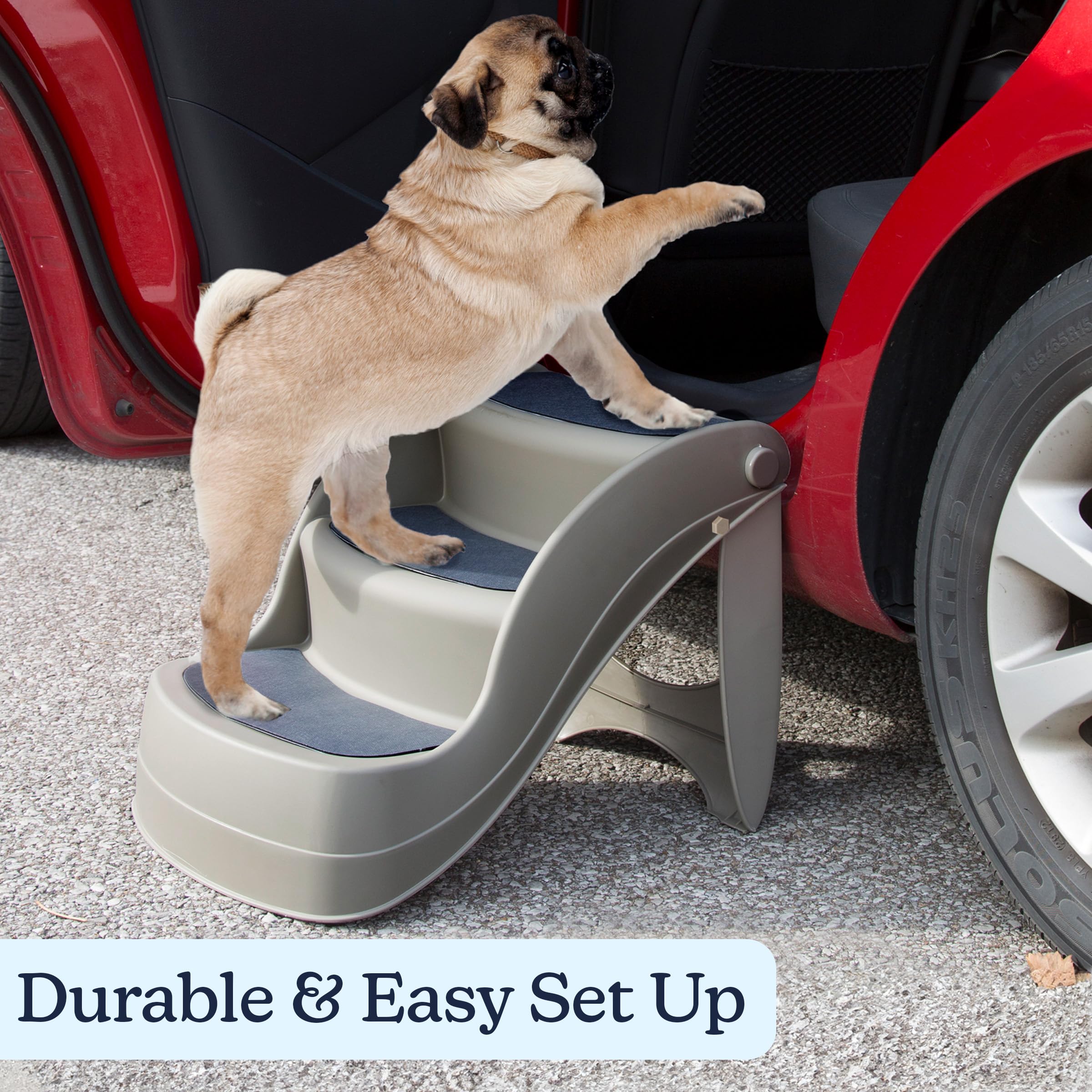 PETMAKER Pet Stairs folded-storage design makes compact transport easy.