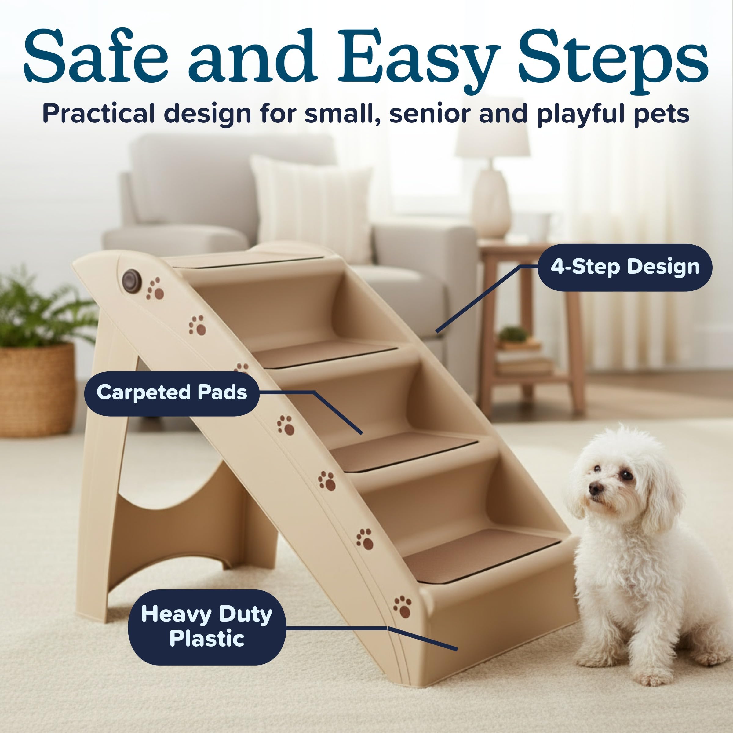 Tan PETMAKER Pet Stairs color blends with home decor.