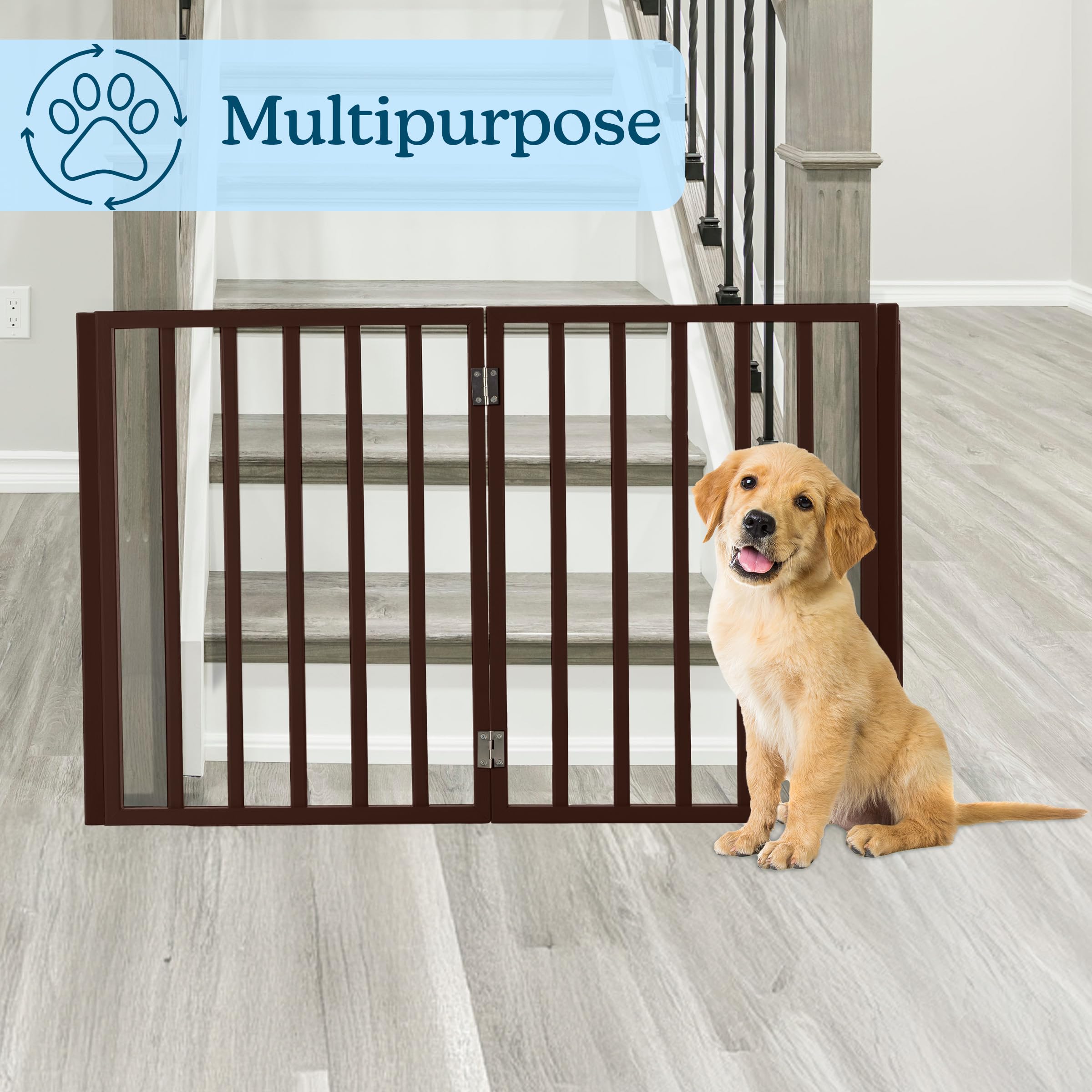 PETMAKER stairs gate at top of stairs demonstrates barrier in use.