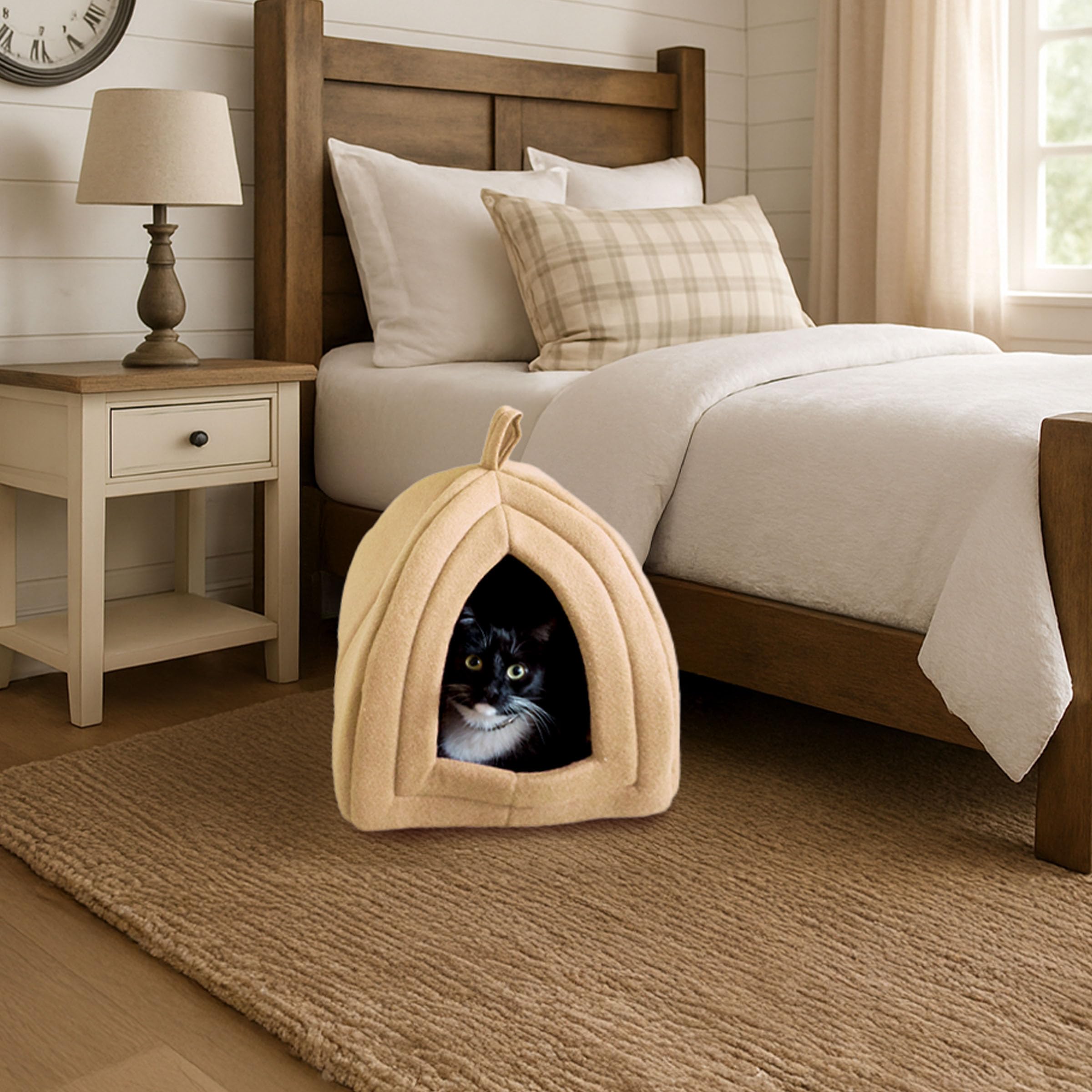PETMAKER tan cat cave blends with home decor.