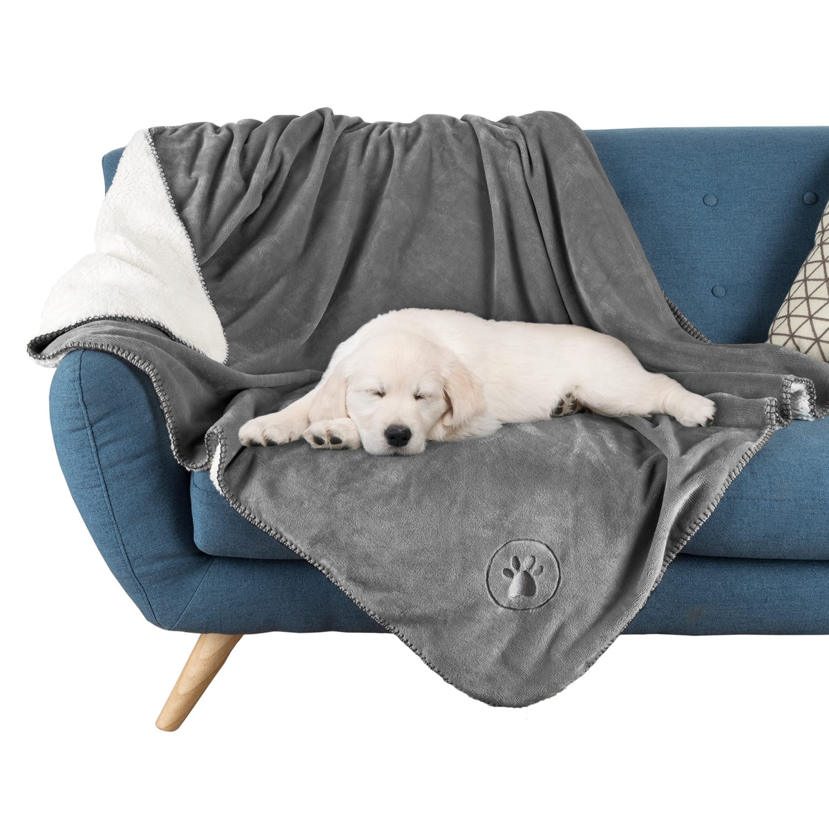 PETMAKER waterproof dog blanket with reversible gray plush sides for furniture protection.