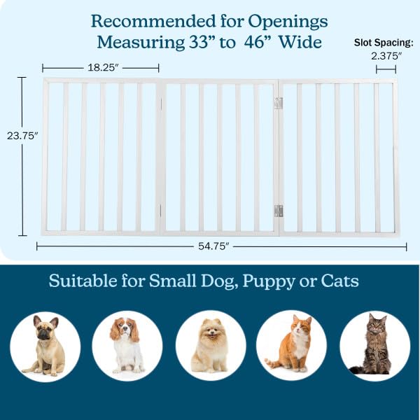 PETMAKER white freestanding gate at stairs for pet control and safety.