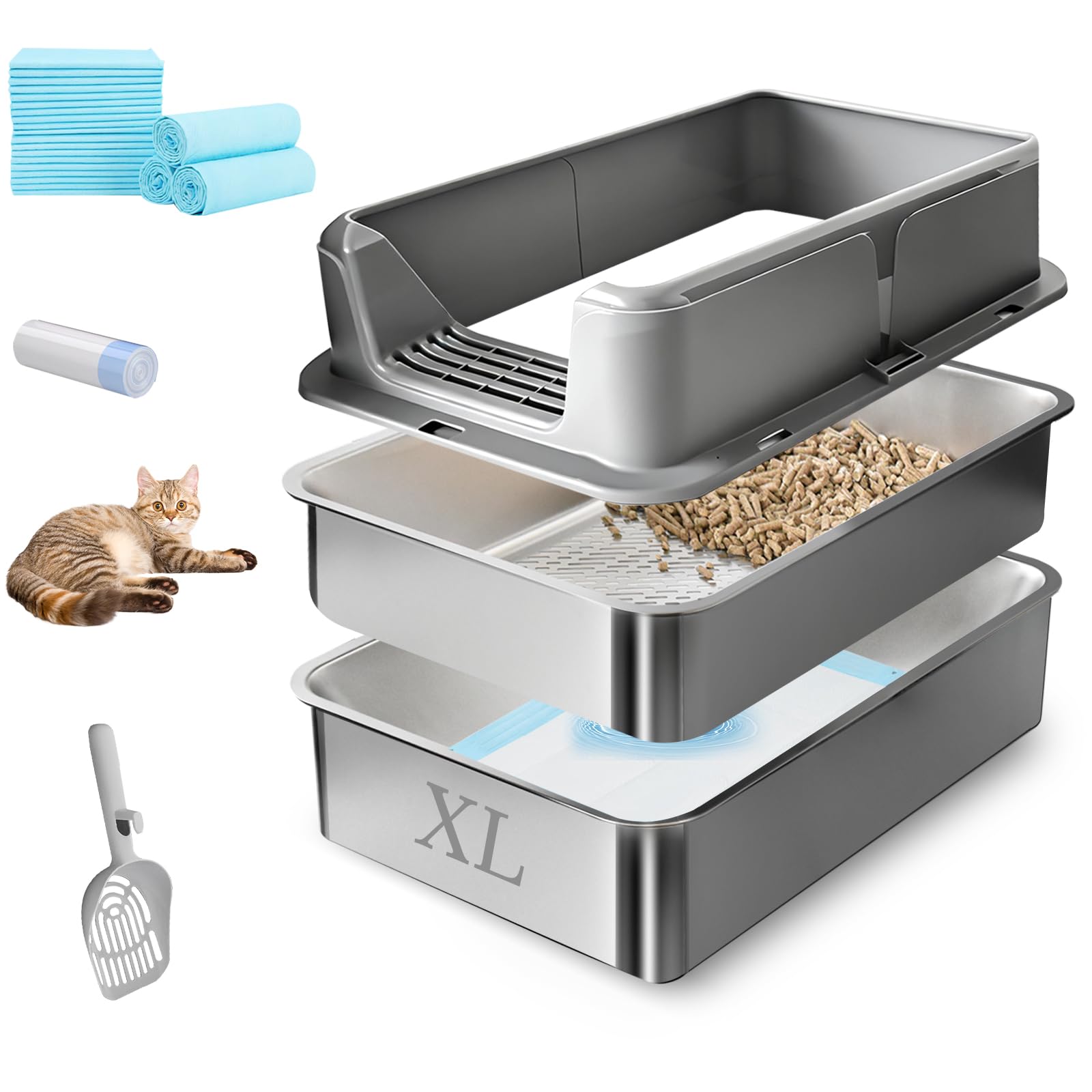 Petmarket stainless steel sifting litter box 24x16x12 showcases easy cleaning and odor control.