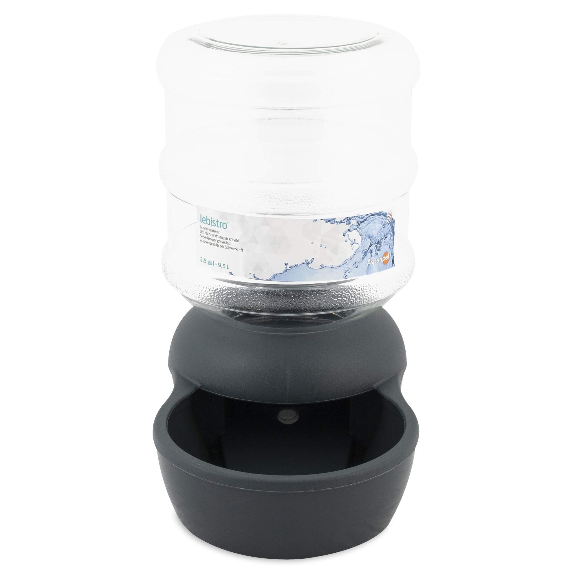 Petmate Lebistro 2.5-gallon size fits medium to large pets.