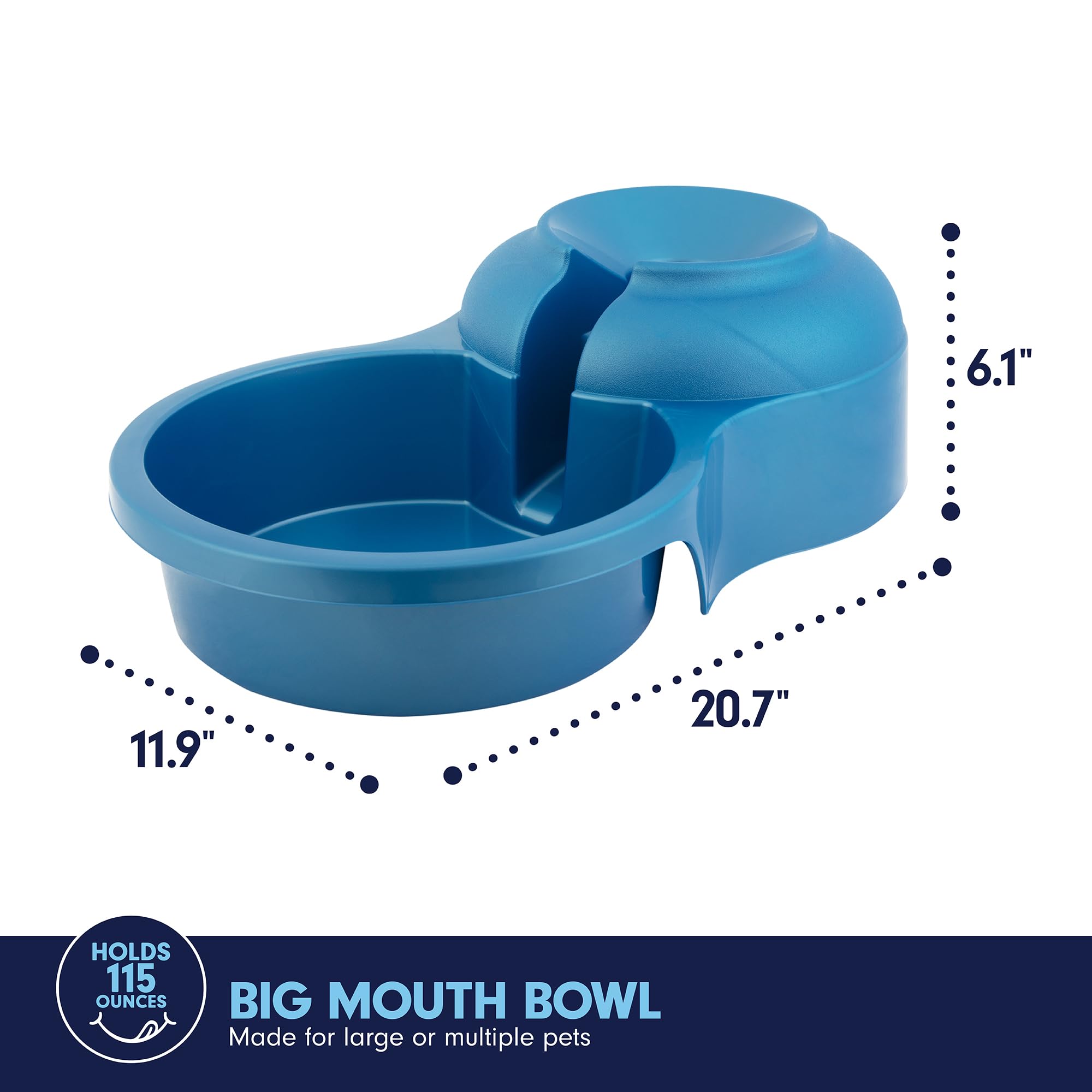 Petmate Big Blue outdoor water bowl on a patio with a standard 5-gallon bottle.