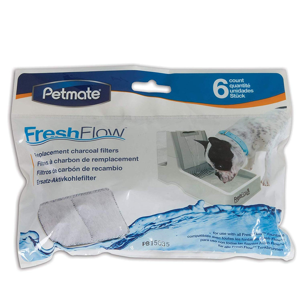 Petmate Fresh Flow replacement filter 6-pack close-up for clean tasting water.