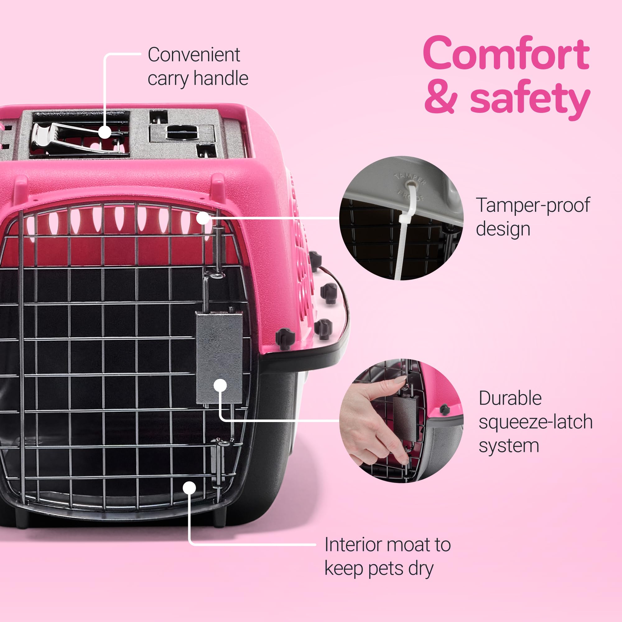 Petmate front-door access kennel in pink fits car trips and vet visits.
