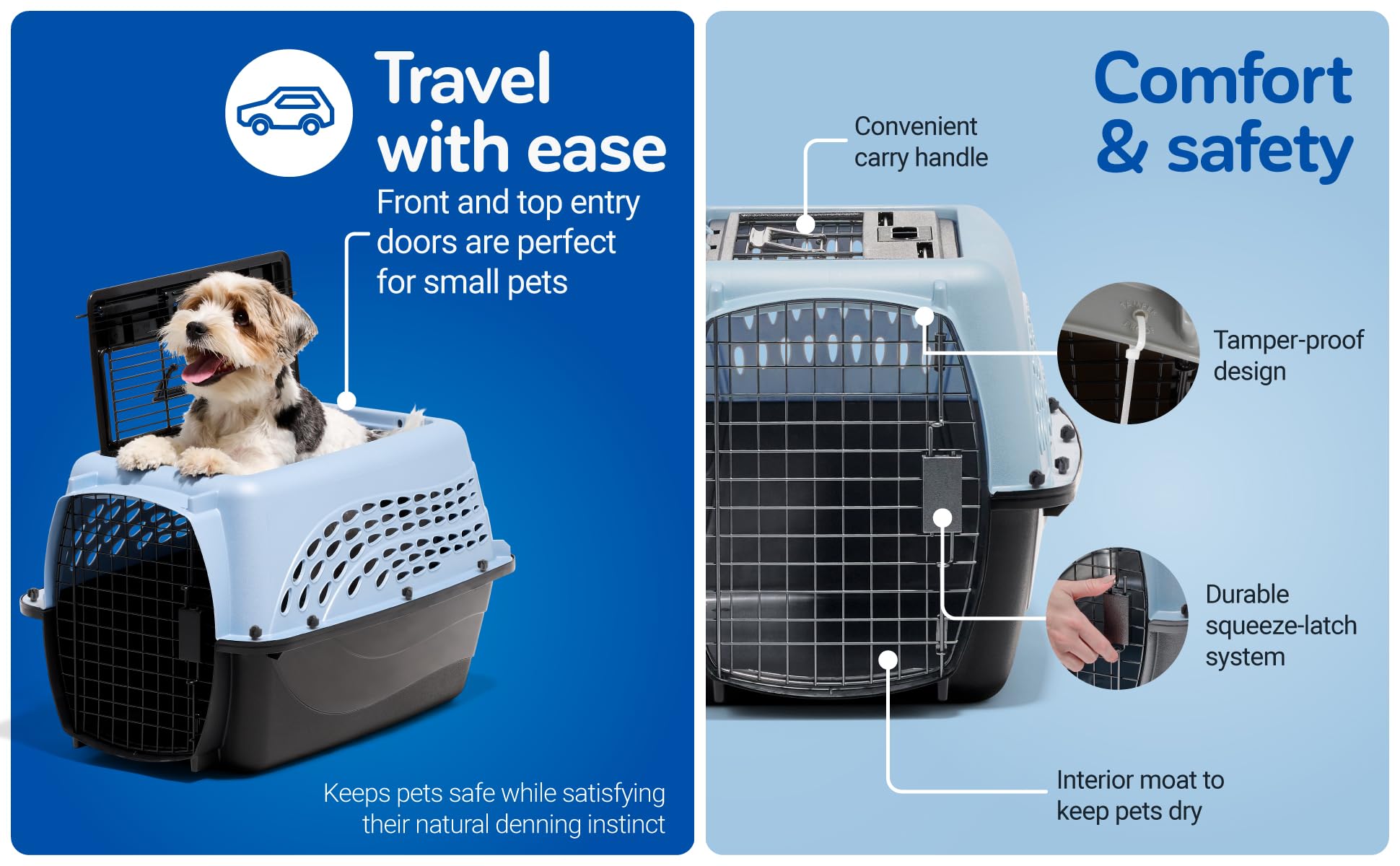 Petmate sturdy latches and dual doors enhance secure, calm travel.