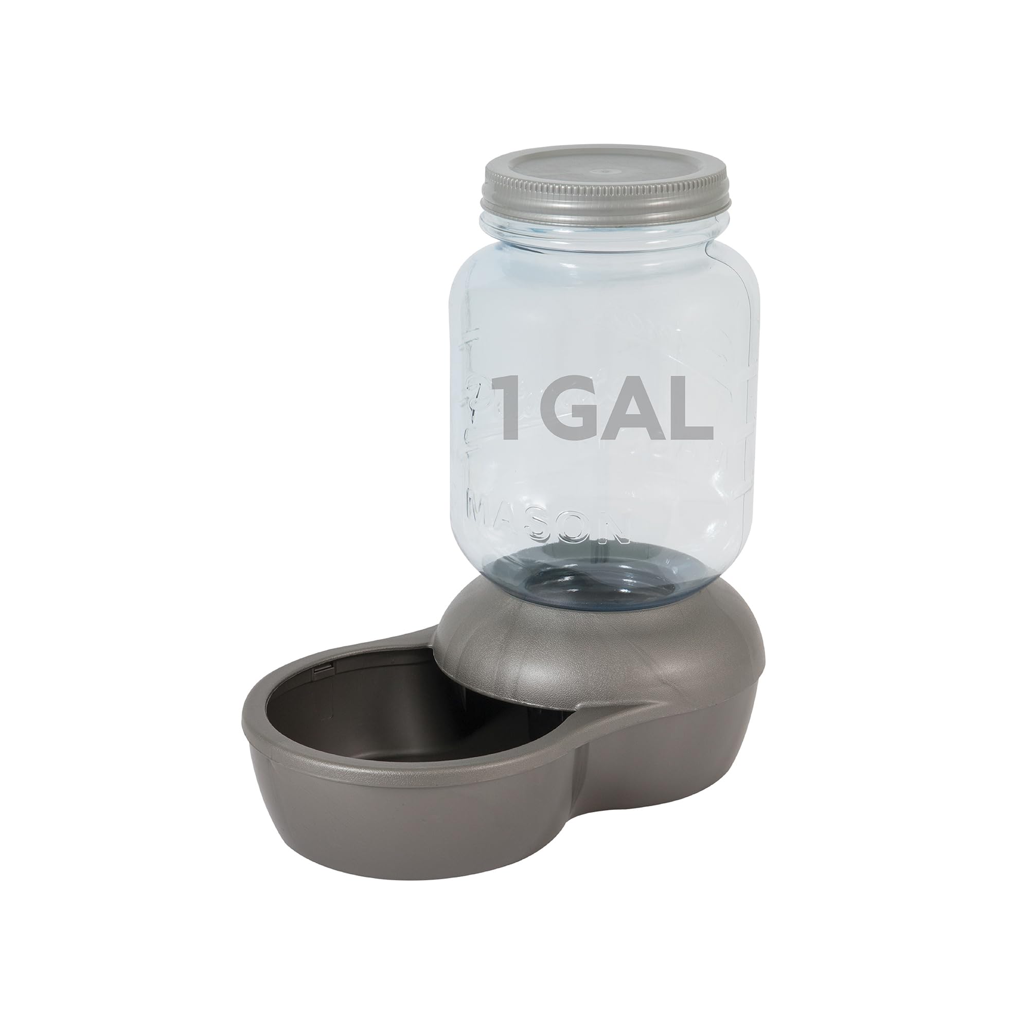 Petmate Mason Inspired Replendish bottle shows gravity dispensing for easy refills.