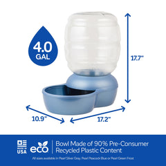 Petmate Replendish water flow illustration shows gravity dispensing for continuous supply.