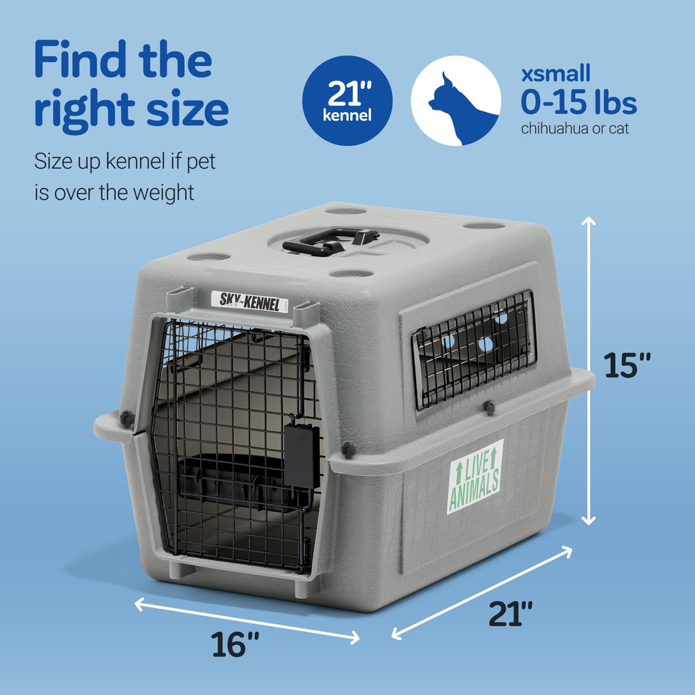 Petmate Sky Kennel easy-squeeze latch door for secure transport.