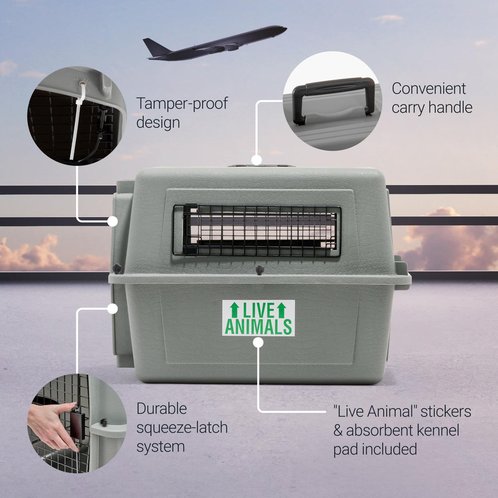 Petmate Sky Kennel EcoTEC plastic construction using recycled materials.