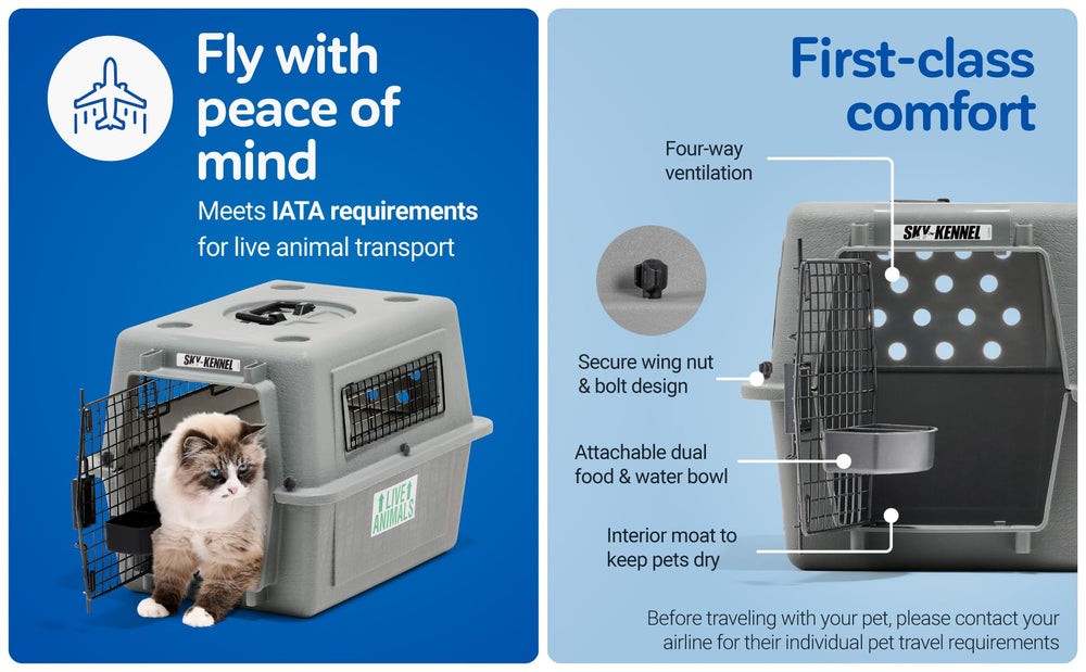 Petmate Sky Kennel latch system close-up showing secure door and airflow