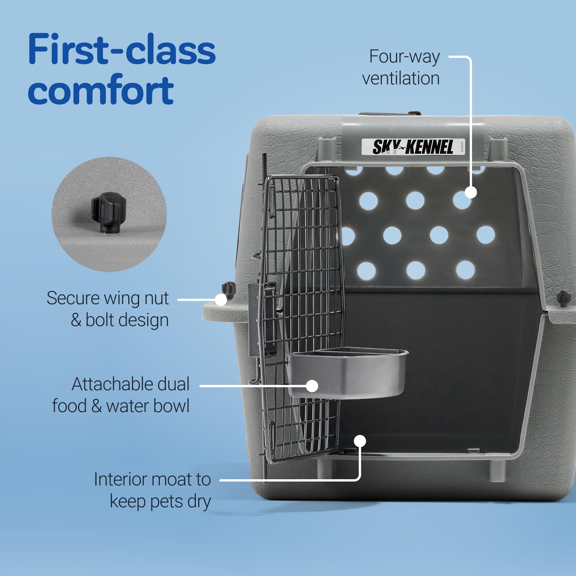 Petmate Sky Kennel includes travel essentials for smooth journeys.