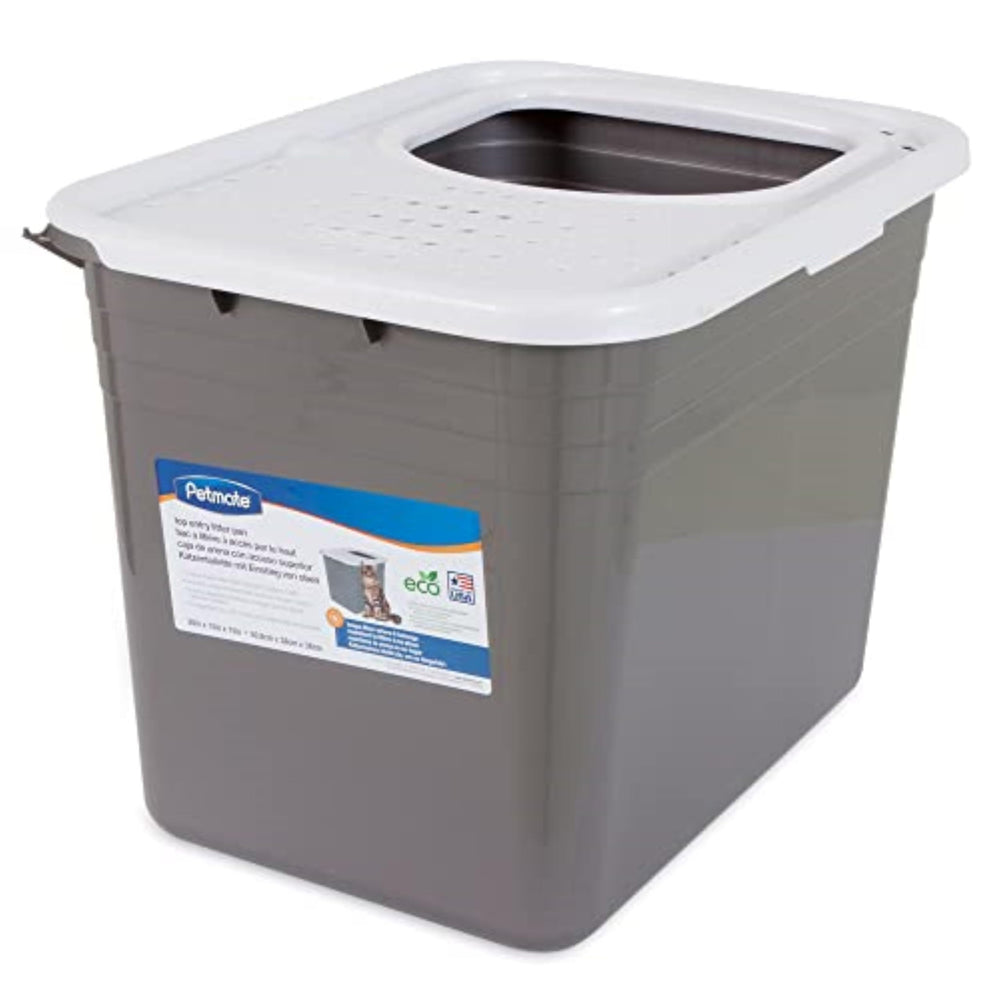 Petmate top-entry litter box front view with wide opening for easy access.