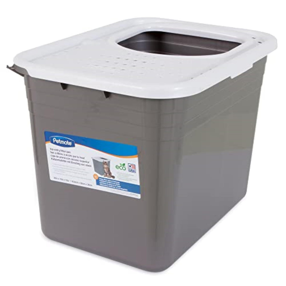 Petmate top-entry litter box front view with wide opening for easy access.