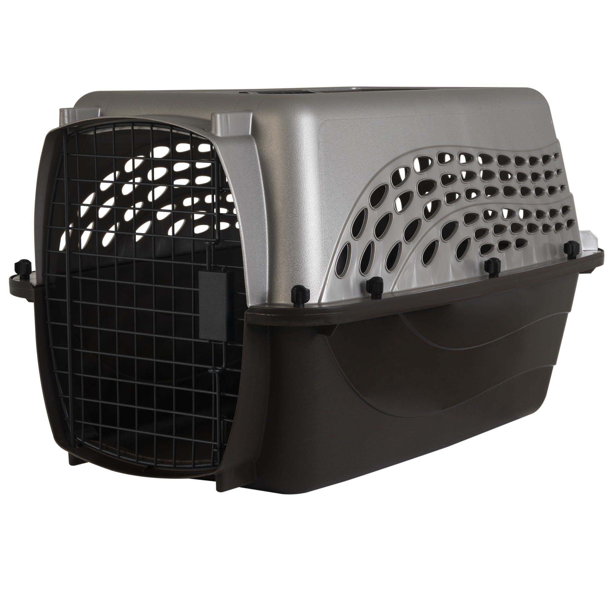 Petmate two-door kennel with front and top doors for easy loading and access.
