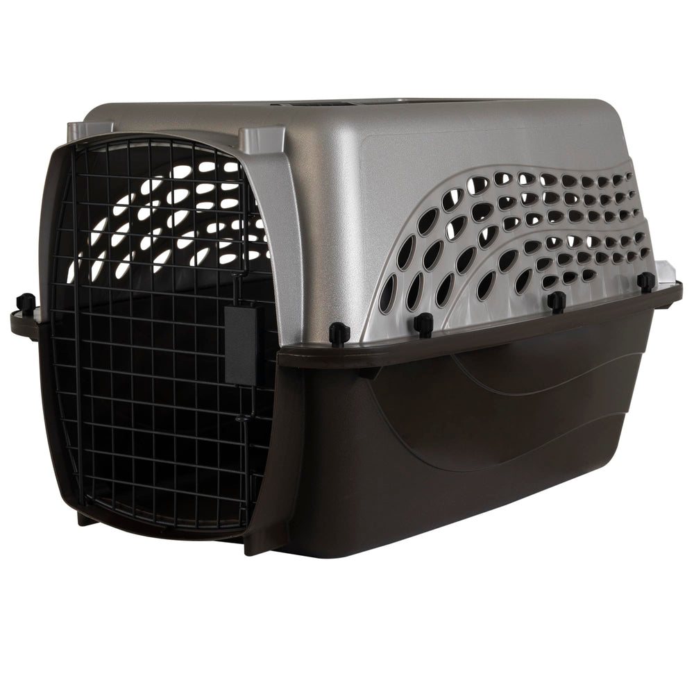 Petmate two-door kennel with front and top doors for easy loading and access.