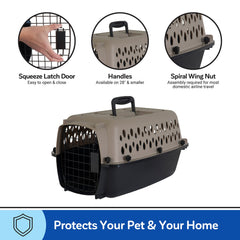 Durable plastic shell withstands travel in Petmate Vari Dog Kennel.