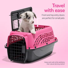 Petmate ventilated plastic shell offers airflow and 360-degree visibility.