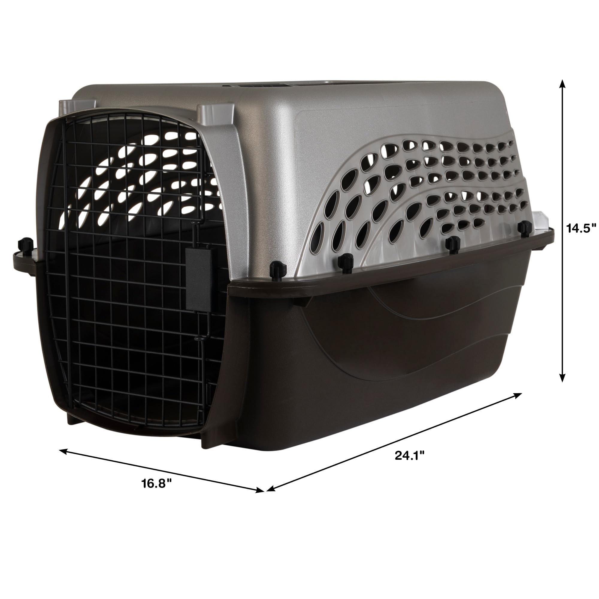Petmate crate shows ventilation holes for fresh air and 360-degree visibility.
